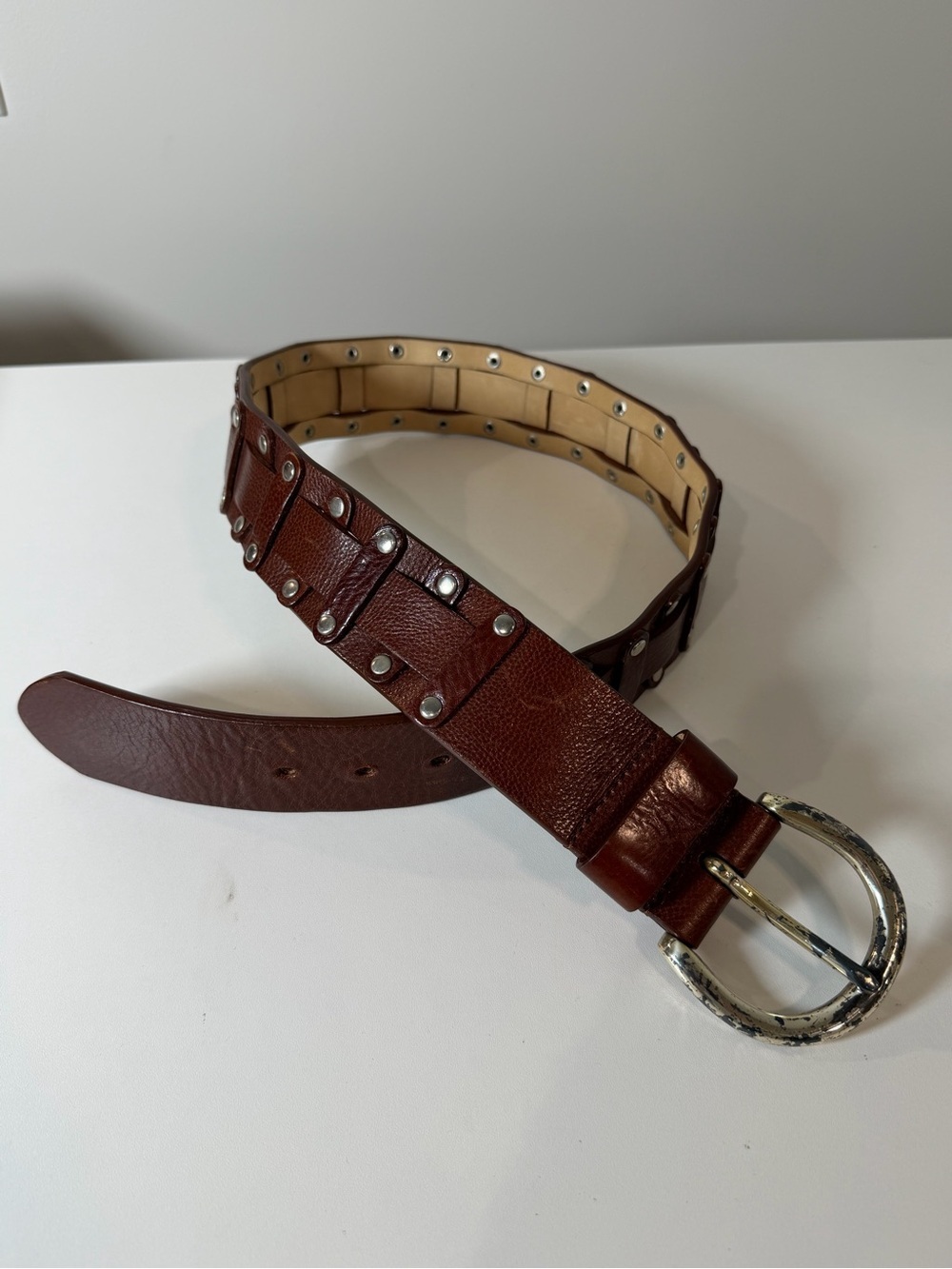 Saks Fifth Avenue Medium Woven Knit Brown Studded Genuine Italian Leather Belt